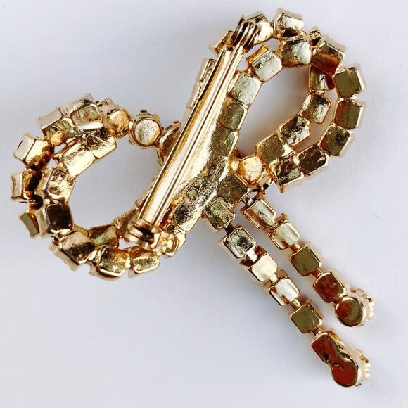 VTG 1960s Brooch Red Glass Rhinestone Bow Mid Century Gold Tone Pin Sparkly - Picture 9 of 11
